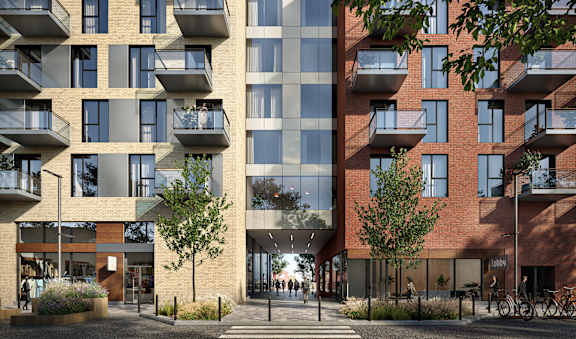 Two modern high-rise buildings are depicted in the image.