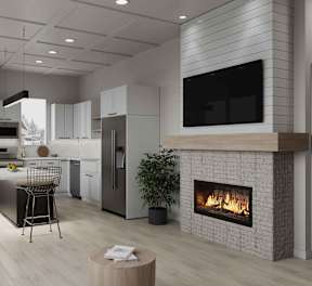 A reception area with a white marble counter and a sign that reads at Alante Homes at Spring Run, Idaho