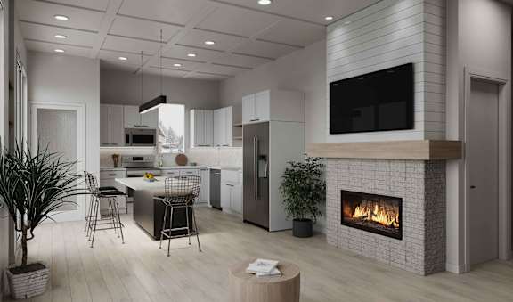 A modern kitchen with a fireplace and a TV mounted above it.at Alante Homes at Spring Run, Idaho