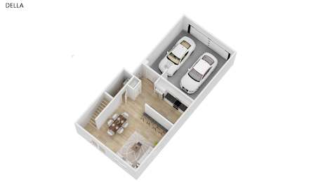 A floor plan of a small apartment with a kitchen, living room, and two bedrooms.