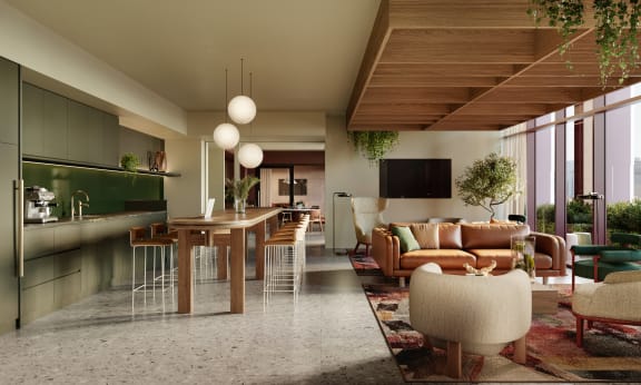 a rendering of a living room and kitchen with people in it