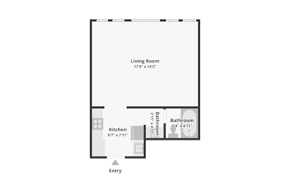 A floor plan of a one bedroom apartment in Burbank, MA.