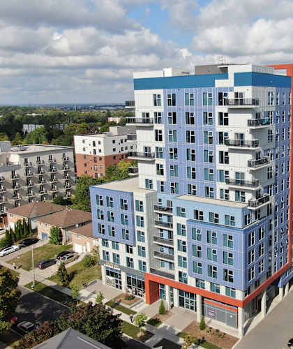 an aerial view of a large building in a city