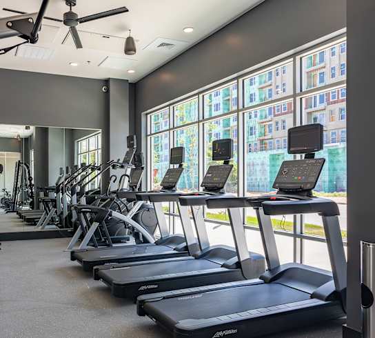 A gym with treadmills, weights, and exercise equipment. at Railside at Wadsworth Station, Colorado, 80214