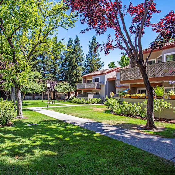 a walkway between two buildings with trees and grass