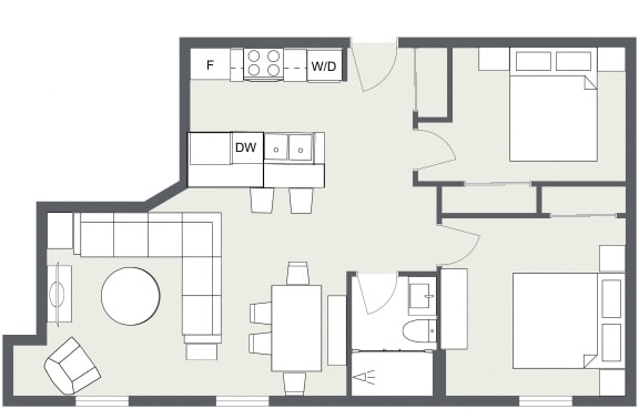 2D 750 Sq. Ft floor plan showing furniture placement