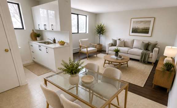 A modern living room with a glass table and white chairs.