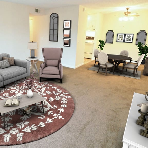 a living room with a couch and a rug