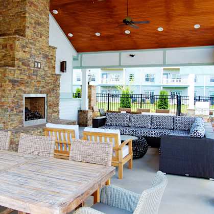 Patio with fireplace at The Indigo at Cross Creek, Indian Land, SC, 29707