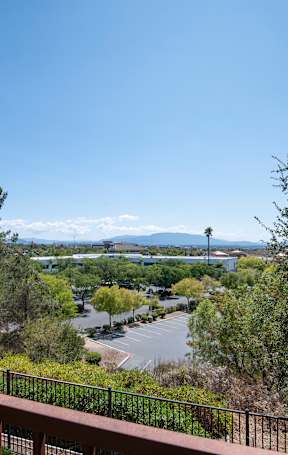 A view from a balcony overlooking a parking lot and trees.