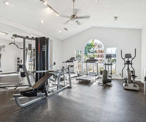 A spacious gym with a variety of equipment including a rowing machine, a bench press, and a treadmill.