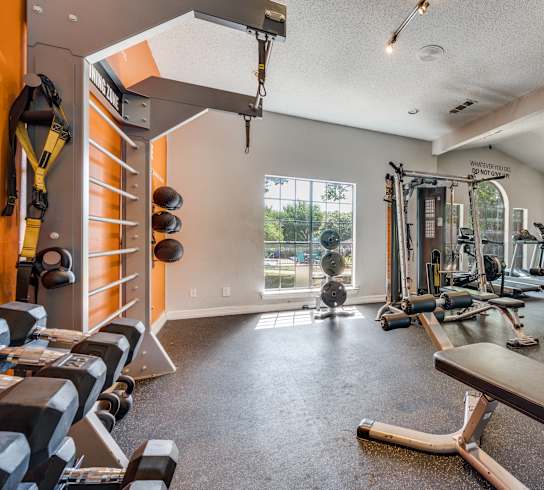 the gym has plenty of weights and cardio equipment and a large window at Foxborough Apartments, Irving, TX