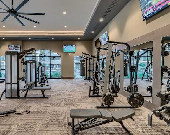 a gym with weights and cardio equipment and a tv