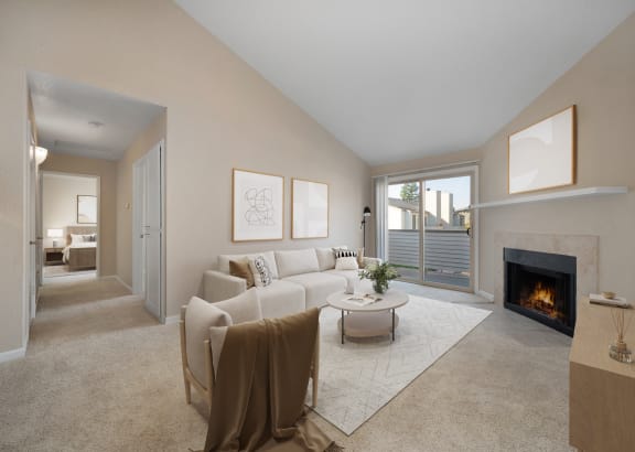 Living Room with Black Sofa, White Soda, Hardwood Inspired Floors, and Window at Cobblestone Creek Apartments, Roseville, CA