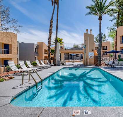 a resort style swimming pool with palm trees and lounge chairs