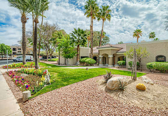 a house with a yard and palm trees
