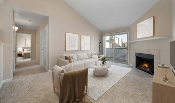 a living room with a white couch and a fireplace  at Cobblestone Creek Apartments, Roseville, CA, 9566