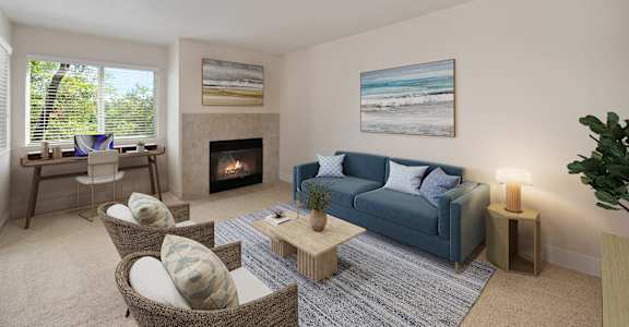 a living room with a couch and chairs and a fireplace at Folsom Ranch, California, 95630