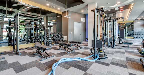 A gym with a variety of equipment including treadmills, weights, and exercise machines.