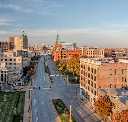 a view of the city of providence from the roof of a building at The Nicholas, St Louis, MO
