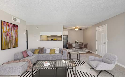 Living Room with grey couch at Village at Iron Blossom, Reno, Nevada