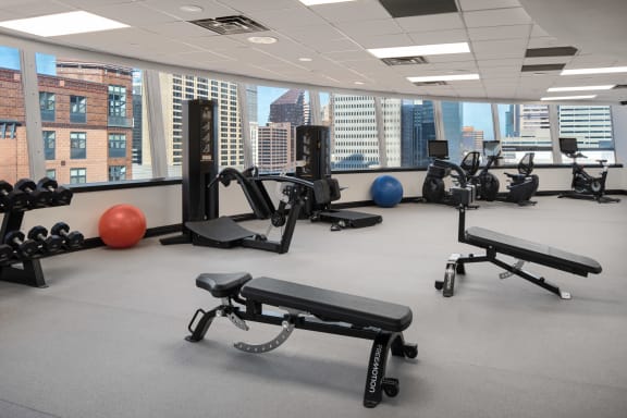 a gym with exercise equipment at Vision on Lombard, Baltimore, MD