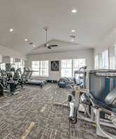 our state of the art gym is equipped with cardio machines and weights  at The Brazos, Dallas