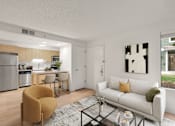Thumbnail 16 of 29 - A modern living room with a white couch and a yellow chair. at AVIA Lofts on Parkway, Vancouver, 98662