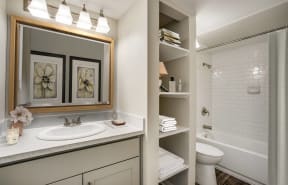a bathroom with a sink and a shower and a mirror