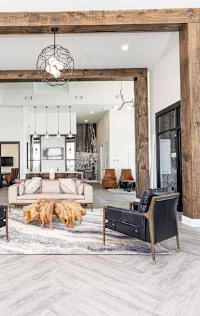 A large, modern living room with a dog on the rug.