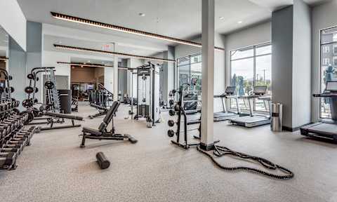 A spacious gym with a variety of equipment including treadmills, weights, and exercise machines.