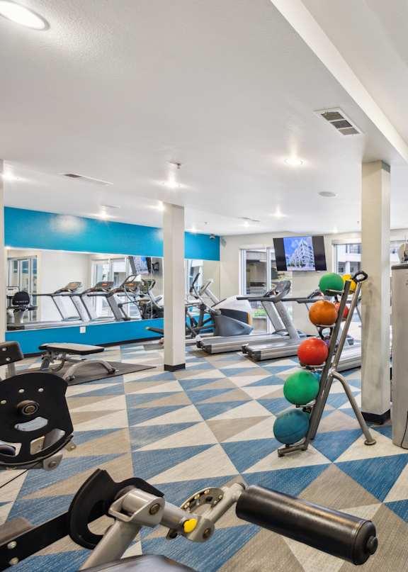 A gym with a variety of equipment including a leg press machine.