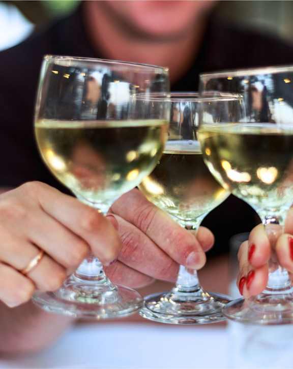 Three people toasting with white wine glasses at Coastal Senior Residences at The Park Lane, Monterey