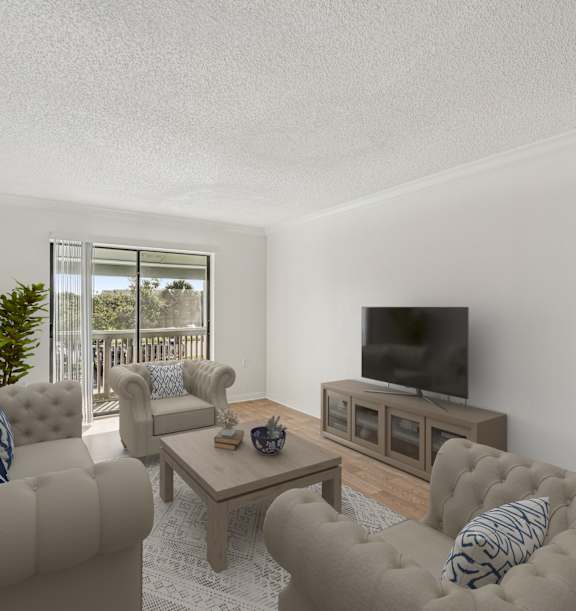 A living room with a grey sofa, a wooden coffee table, and a television on a cabinet.