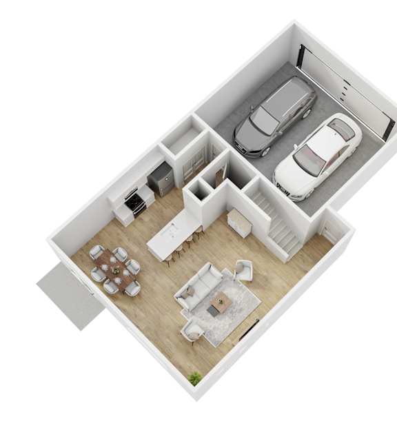 A top-down view of a house interior with a living room, kitchen, and two bedrooms.