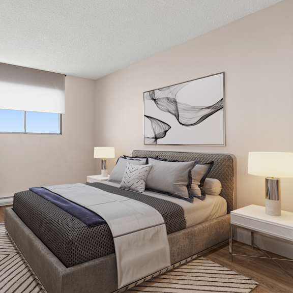 A bedroom with a large bed and a painting on the wall.