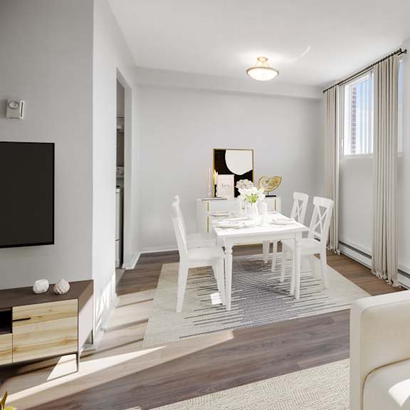 A white dining room with a wooden table and chairs.