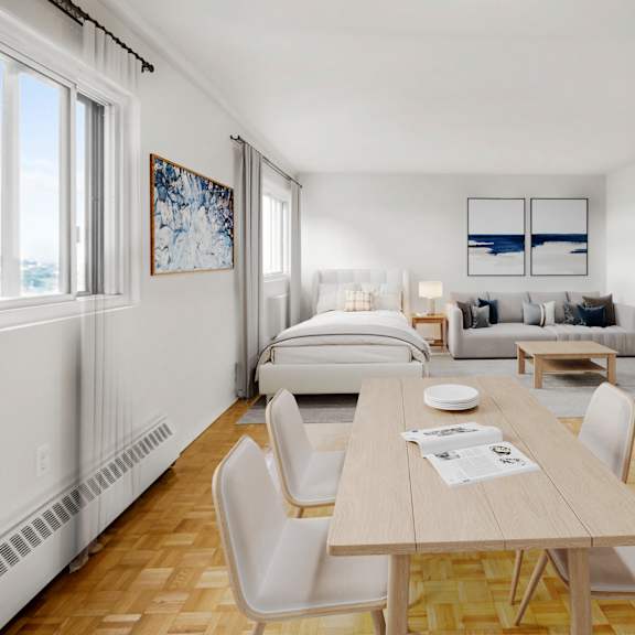 A dining room with a table and chairs is shown.