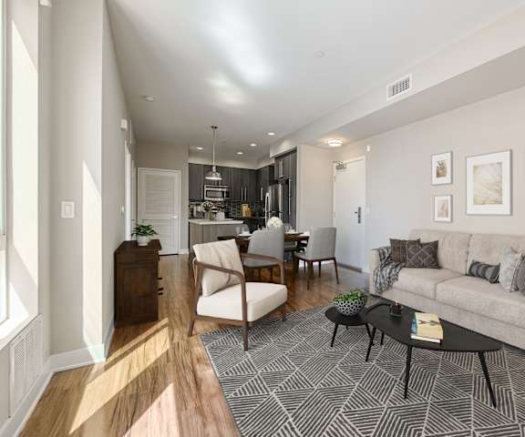 A living room with a grey couch and a black and white rug.