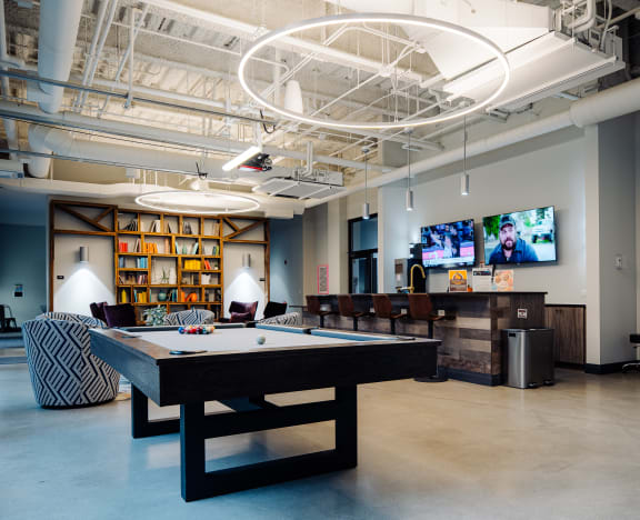 a game room with a pool table and a tv
