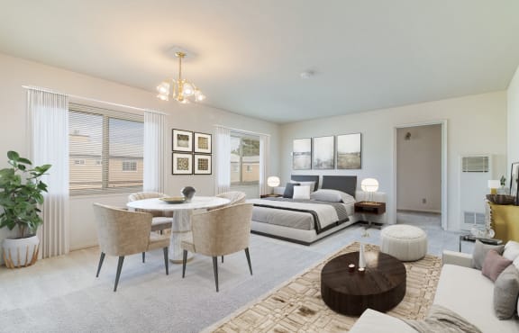 a living room with a couch and a table  and a bedroom at Hillsdale Garden Apartments, CA, 94403