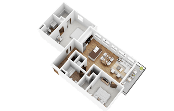 A 3D floor plan of a house with multiple rooms.