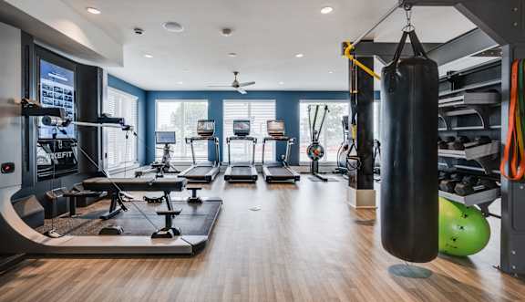 A gym with a punching bag, exercise equipment, and a fan.