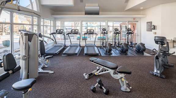 A gym with treadmills, weights, and exercise equipment.