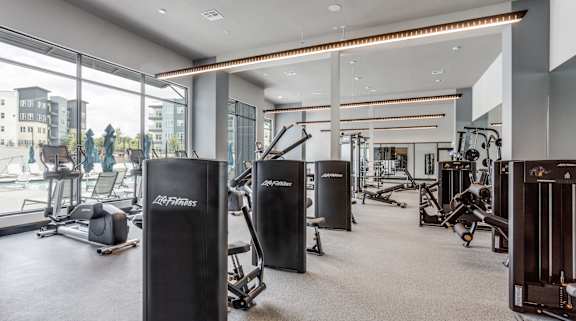 A gym with a variety of equipment including a squat rack and a bench press.