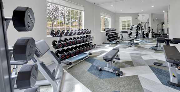 A gym with a variety of equipment including dumbbells, weight machines, and benches.