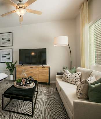 a living room with a couch and a coffee table and a television