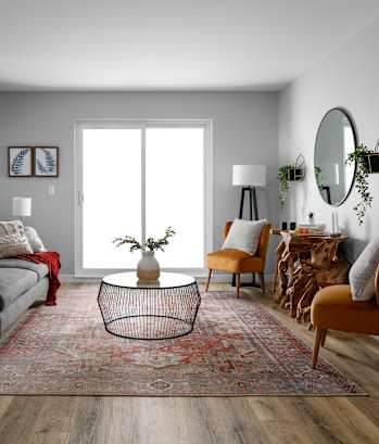 a living room with gray walls and a red rug