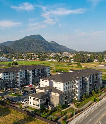 a view of a city with a mountain in the background
