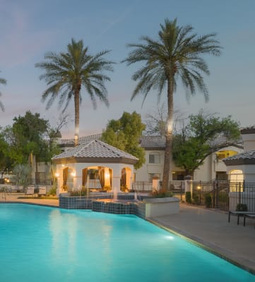 a large swimming pool with a gazebo and palm trees in the background
